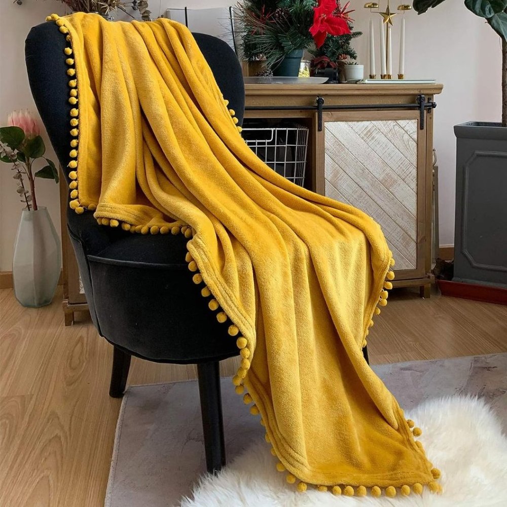 Flannel Blanket with Pompom Fringe Lightweight Cozy Bed Blanket Mustard Yellow